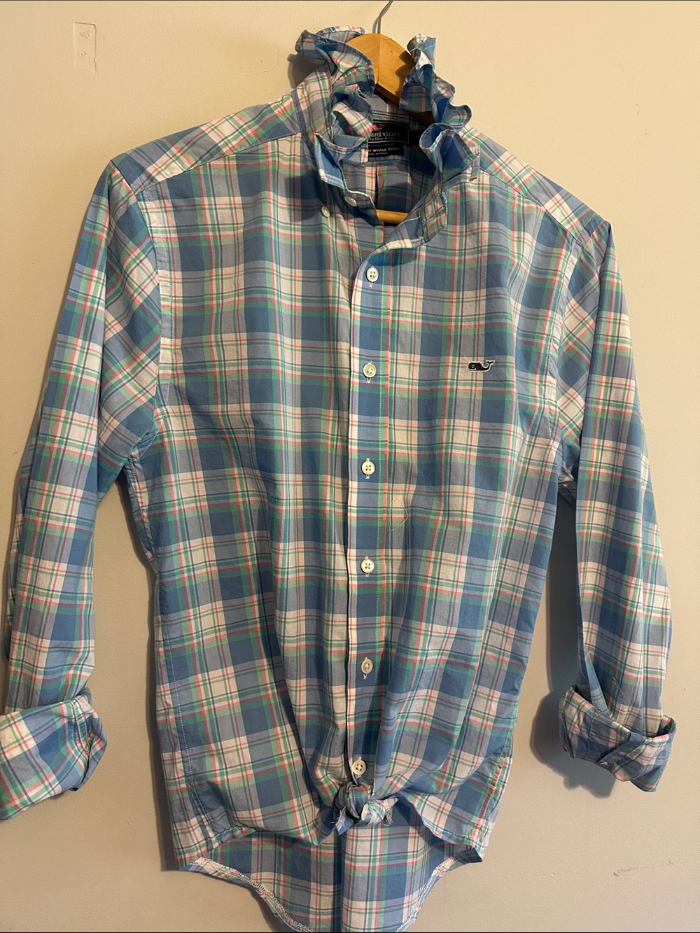 Vineyard Vines Blue and White Plaid Ruffled collar Shirt